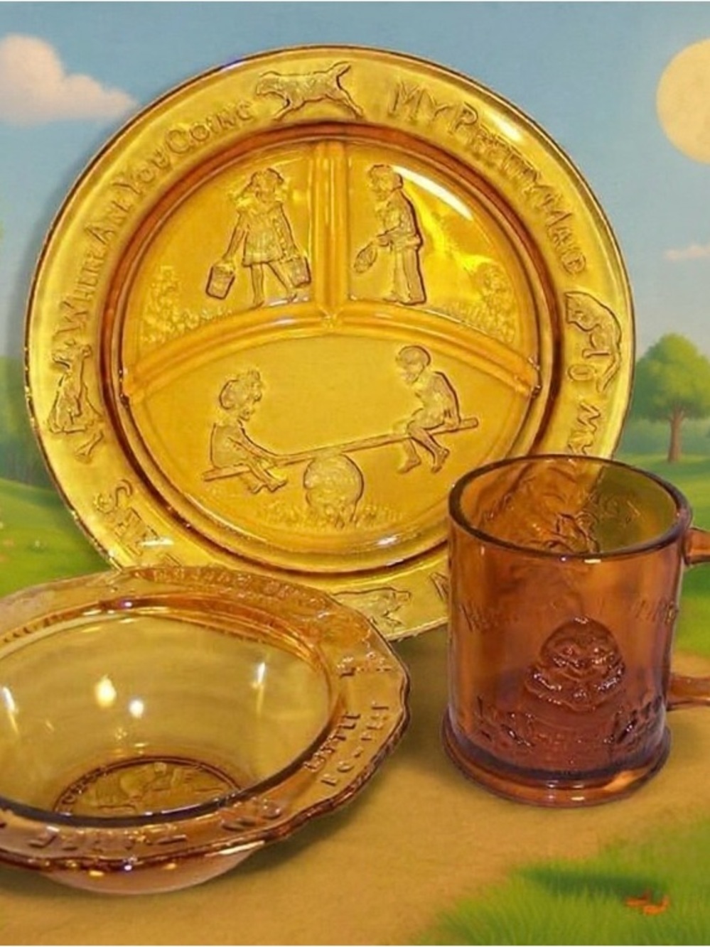 Vintage Tiara Amber Glass Mother Goose Child's Dish Set
